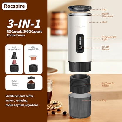 3-in-1 Portable Espresso Maker 20 Bar Self-Heating Stainless Steel Fits Ground Coffee & Nespresso Capsules USB-C Rechargeable for Camping Car Hiking Office - color: White