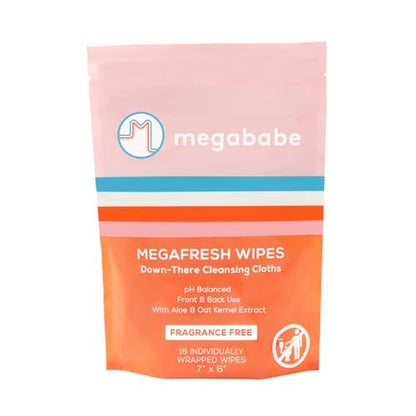 Megababe Megafresh Wipes | Unscented Cleansing Wipes for the Intimate Area | Summer and Hot Weather Essential | pH Balanced, Front & Back Use | 16 Individually Wrapped Wipes (Pack of 1)