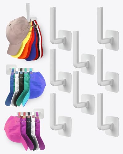 Hat Rack for Hat Storage (8-Pack), Multi-Purpose Hat Organizer, Strong Adhesive Hat Hooks for Wall Hat Organizer for Baseball Caps, Two Mounting Options Hat Hook, White - color: White, style: 8-pack