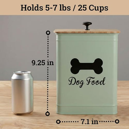 Dog Food Container Airtight 5-7 lb (25 Cup) Capacity - Cute Airtight Dog Food Storage Container with Bamboo Lid & Sturdy Metal Handle - Green Metal Kibble Storage Bin for Dogs up to 50 lbs - Pet Jar - color: Sage Green