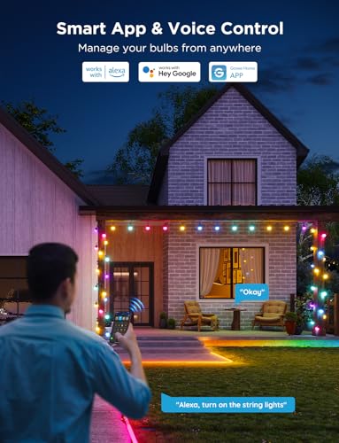 Govee Smart Outdoor String Lights 2, 144ft Outdoor Lights with Dimmable Warm White LED Bulbs, 47 Scene Modes for Patio, Backyard, Balcony, IP65 Waterproof, Works with Alexa, App Control - size: 144ft