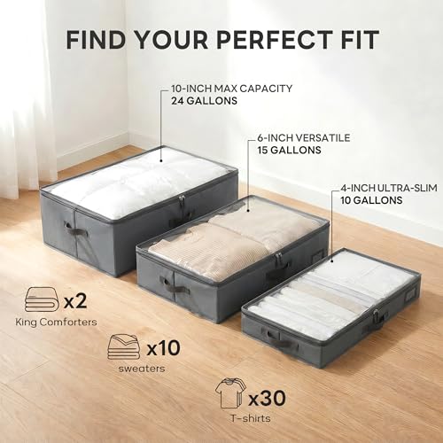 10" High Capacity Under Bed Storage Bins (3-Pack, Grey), Deep 600D Heavy Duty Oxford Fabric Storage Box for King Size Comforters, Pillows & Large Blankets - size: 10-Inch (3-PACK) - Deep