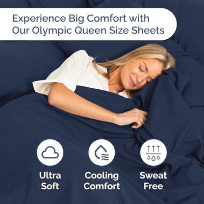 Olympic Queen Sheet Set 66x80 - 4 Piece RV Olympic Queen Size Sheets - Soft, Breathable & Cooling - Fits 14” to 16" Mattress w/ Deep Pockets - Comfy Luxury Bedding - Fade & Wrinkle Free - Navy Blue - color: 24 - Navy Blue, size: Olypmic Queen