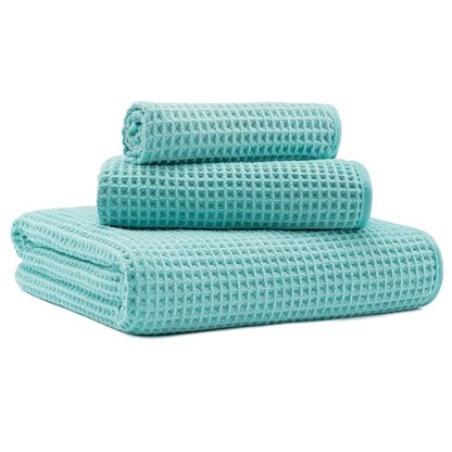 MICROFI Microfiber Waffle Bath Towels, 3 Pieces, Oversized, Soft, Absorbent, Fast Drying, Lint Free, Includes Bath, Face and Hand Towels 430 GSM - color: Turquoise