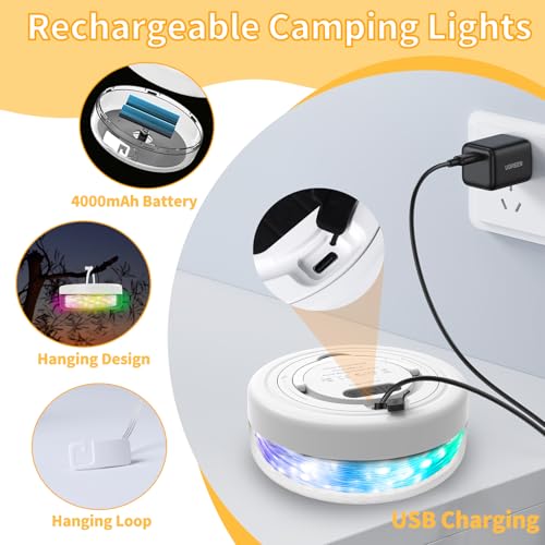Camping String Lights Rechargeable 4000mAh, 3 in 1 Upgraded Outdoor String Lights with 13 Lighting Modes, 32.8FT LED Hanging Lights, Waterproof Camping Lights for Awning Party Festival Decor