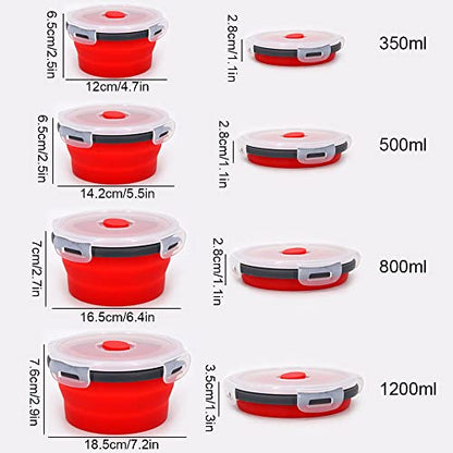 Guyuyii 4 Pack Food-Grade Silicone Collapsible Bowls with Lids for Camping | BPA-Free Round Nesting Set for RV Travel, Hiking, and Outdoor Recreation Activities | Microwave, Freezer, Dishware Safe - color: red
