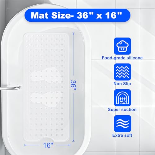Silicone Bath Tub Mat Non Slip, 36"x16" Shower Foot Scrubber Mat with Drain Holes and Suction Cups, Upgraded Bathtub and Shower Mats, Machine Washable Bathtub Floor Liner Mats for Bathroom (Clear) - color: Clear