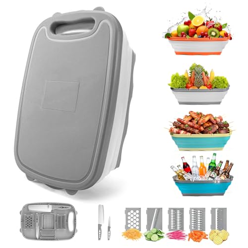 Gintan Camping Cutting Board, 9-in-1 Collapsible Chopping Board with Colander, Outdoor-Kitchen Vegetable Washing Basket for Campers, Camping Gifts Camping Accessories for RV Campers (Gray) - color: Gray
