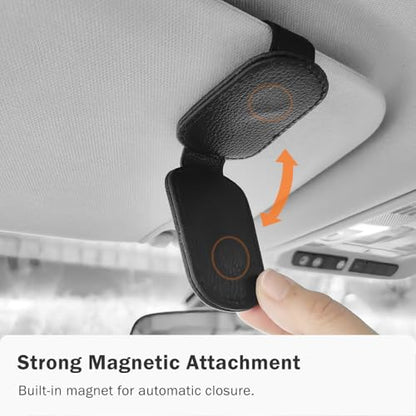 Sunglass Holder for Car Visor, Magnetic Leather Sunglasses Holder and Ticket Card Clip for Car - color: Black