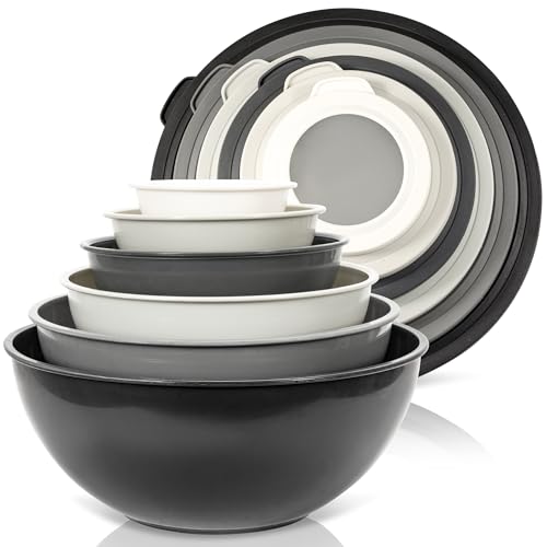 WHYSKO Mixing Bowl Set, 12 Piece Colorful Plastic Mixing Bowls with Lids Set for Food Prep Storage and Serving, Microwave and Dishwasher Safe for Kitchen Baking Cooking - color: Black