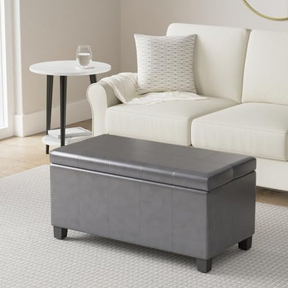 SIMPLIHOME Dover Storage Ottoman Bench - 36 inch Wide Upholstered Vegan Leather Rectangular Lift-Top Ottoman in Stone Grey, Contemporary Bench for Living Room with Safety Hinges - color: Stone Grey