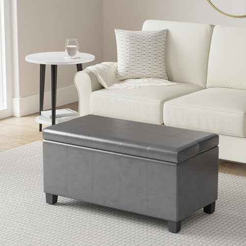 SIMPLIHOME Dover Storage Ottoman Bench - 36 inch Wide Upholstered Vegan Leather Rectangular Lift-Top Ottoman in Stone Grey, Contemporary Bench for Living Room with Safety Hinges - color: Stone Grey