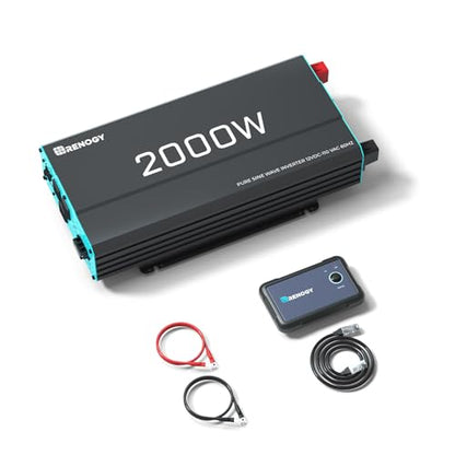 Renogy Inverter P2 2000W Pure Sine Wave Inverter 12V DC to 110V AC Converter, Off-Grid Solar Power Inverters for Vehicles, Truck, RV, Home, with Built-in 5V/2.1A USB / Hardwire Port, Remote Controller - size: 2000W(No BT & ATS)