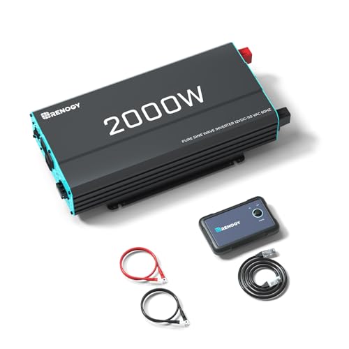 Renogy Inverter P2 2000W Pure Sine Wave Inverter 12V DC to 110V AC Converter, Off-Grid Solar Power Inverters for Vehicles, Truck, RV, Home, with Built-in 5V/2.1A USB / Hardwire Port, Remote Controller - size: 2000W(No BT & ATS)