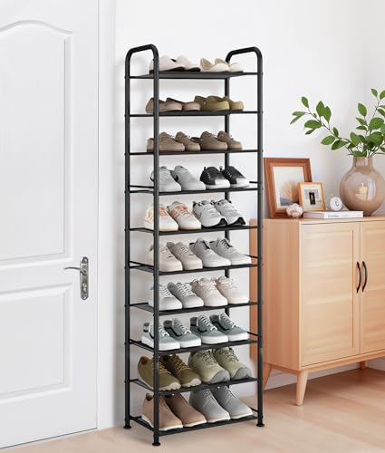 STORAGE MANIAC 10-Tier Tall Shoe Rack, 20 Pairs Narrow Slim Shoe Shelf, Metal Frame Shoes Stand for Small Space, Space-Saving Shoes Organizer, Vertical Shoes Tower for Garage, Entryway, Closet, Dorm