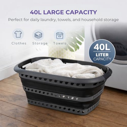 Laundry 360 Collapsible Laundry Basket 40L | Portable | Space Saver Storage | Hold 2 Loads | Store Under the Bed or Closet | Good for Kids | Dorm | Bedroom | Large | Grey/Black - size: 1 Pack Grey 40L
