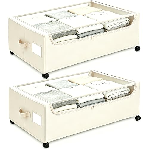 Under Bed Storage with Wheels, 2-Pack Under the Bed Storage Containers with Clear Lids & Label, Underbed Storage Bins, XXXL 85L 11 inches Rolling Metal Drawer for Clothes, Shoes, Toys, Books - Beige - color: Beige-2Pack, size: 11 inch-height