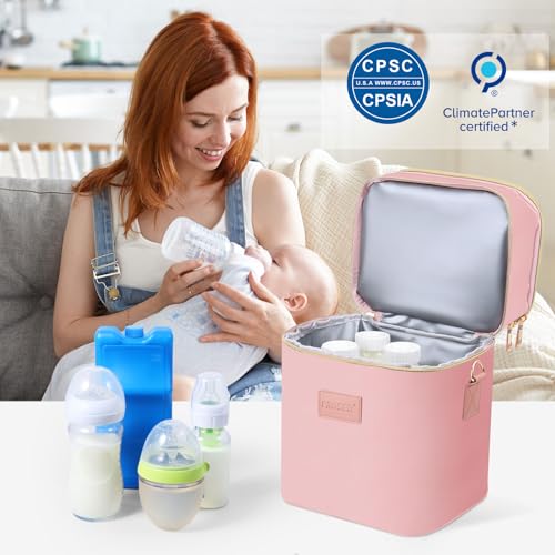 PIIOSER Breastmilk Cooler Bag with Ice Pack Fits 6 Baby Bottles Up to 9 Ounce, Insulated Baby Bottle Tote Bags, Double Layer Waterproof Leak-Proof with Shoulder Strap for Nursing & Working Mom (Pink) - color: Pink
