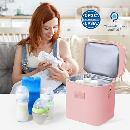 PIIOSER Breastmilk Cooler Bag with Ice Pack Fits 6 Baby Bottles Up to 9 Ounce, Insulated Baby Bottle Tote Bags, Double Layer Waterproof Leak-Proof with Shoulder Strap for Nursing & Working Mom (Pink) - color: Pink