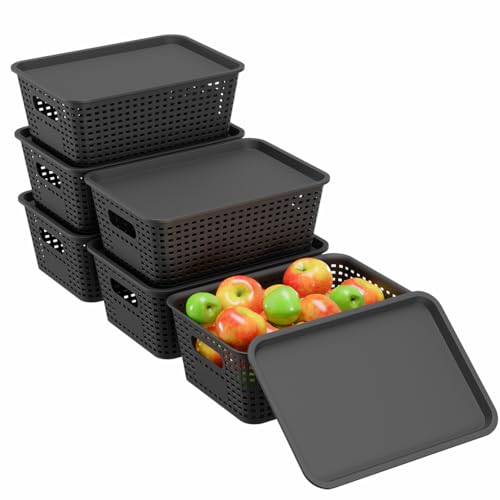 Resze 6-Pack Plastic Storage Bins with Lids, Stackable Organizer Baskets & Containers for Pantry, Kitchen, Cabinet, Closet, Bathroom Organization Toys, Space Saving, Easy-Carry Handles,Black - color: Black