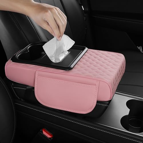 FREESOO Car Center Console Cover, Leather Armrest Cover for Car, Universal Middle Console Cushion with Storage Box, Cup Holder, Tissue Box & Phone Slot, Luxury Waterproof Interior Accessories, Pink - color: Pink