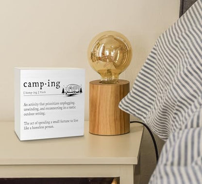 Ku-Dayi Camper Decor for Inside, Funny Camping Definition Wooden Box Sign, Camping Signs Wood Box Decorations for Camper RV Trailer, Camping Wooden Block Plaque Desk Shelf Decor 5x5 Inch