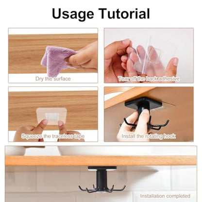 Black Under Cabinet Kitchen Utensil Hook, 360° Rotating Utensils Hanger Hook for Kitchen and Bathroom Hanging Rack for Tools/Towel/Knife/Scoop - color: Black-1 PCS
