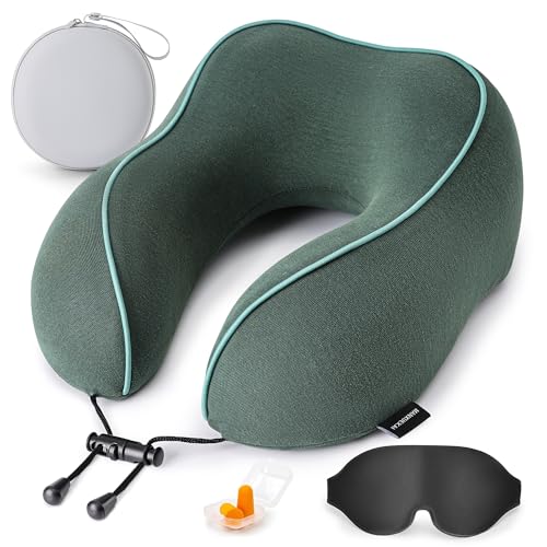 Travel Neck Pillow for Sleeping,100% Pure Memory Foam, Soft Head Support | Washable Cotton Cover,Comes with 3D Eye Mask,Earplugs,Storage Bag,Ideal Travel Gift,Relieve Neck Pressure,Dark Green - color: Dark Green