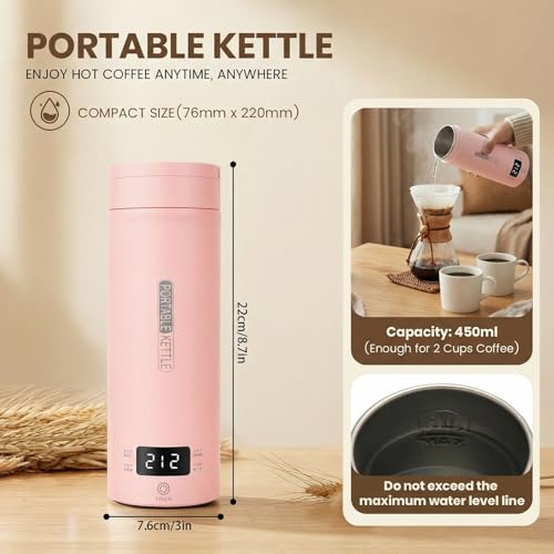 Pink Portable Electric Kettle forTravel, Small Hot Water Kettle with NTC Temperature Control and Auto Shut-Off, 316 Stainless Steel, Green 120V & 15oz - color: pink