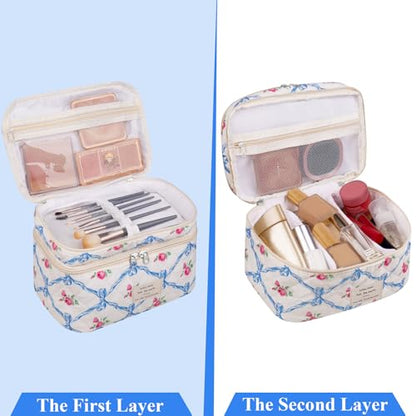 Gosect Makeup bag, Large Cosmetic Bag for Women Girls, Cute Quilted Makeup Bags, Floral Coquette Aesthetic Toiletry Bag, Travel Make Up Organizer Bag (Blue Bow) - color: 020Blue Bow
