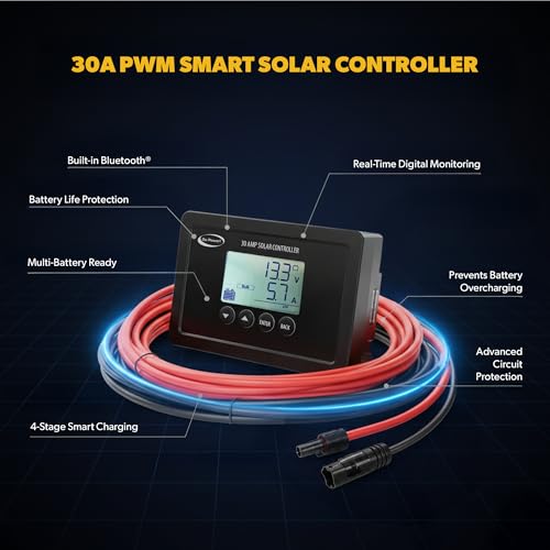 Go Power Overlander Charging Kit 200W - 12V Solar Panel Kit w/ 30-Amp Bluetooth® PWM Controller, Expandable Up to 600W, Includes 2X 25ft Solar Output Cables (Male and Female) for RV & Dry Camping Use