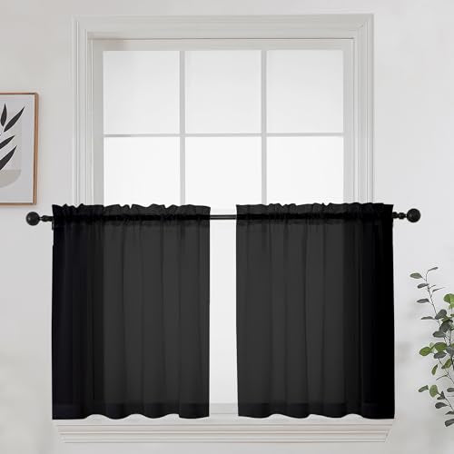 OWENIE Short Sheer Curtains 24 Inches Long 2 Panels for Bathroom Window, Rod Pocket Light Filtering Sheer Tier Curtains for Small Kitchen Laundry Room, RV, Camper Travel Trailers, 42 W x 24 L, Black - color: Black, size: 42"W x 24"L (Pack of 2)