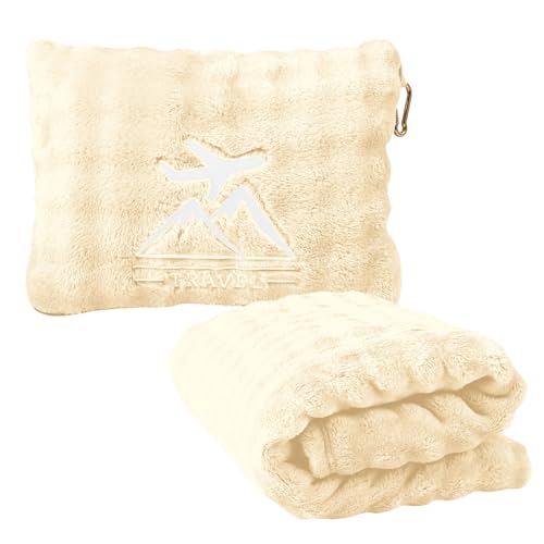 Travel Blanket and Pillow-2-in-1, Ultra-Soft&Compact, One-Piece Airplane Blanket with Hand Luggage Belt and Backpack Clip,Travelers Accessories Gifts, 61x43 Inches(White) - color: White