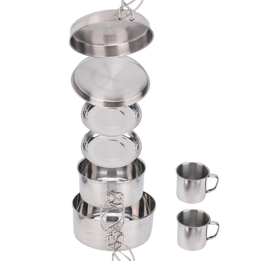8PCS Stainless Steel Camping Cooking Set Cookware Mess Kit Cook Pots and Pan Set with Plates Cups, Lightweight Camping Cookware for Hiking Backpacking Outdoor Cooking and Picnic