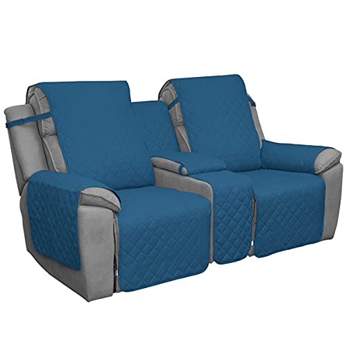 Easy-Going Loveseat Recliner Cover with Console, Reversible Couch Cover for Living Room, Split Sofa Cover for Each Seat with Elastic Straps for Kids, Dogs, Pets(2 Seater, Peacock Blue/Beige) - color: Peacock Blue/Beige, size: Recliner Loveseat