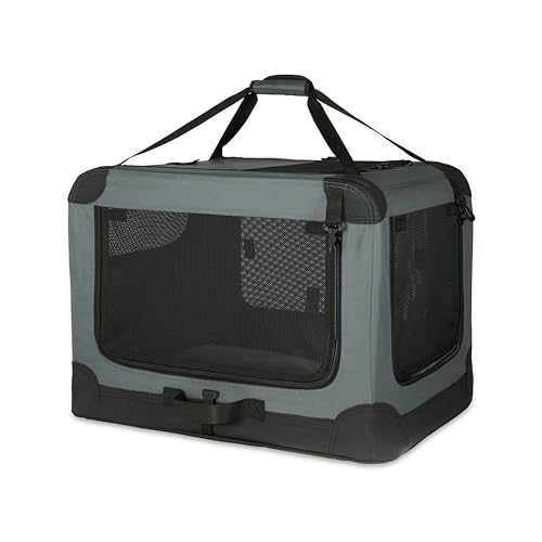 Amazon Basics 4-Door Portable Folding Soft Dog Crate, Collapsible Travel Kennel for Cat, Dog, and Other Small Animals, Pop Up with Easy Transportation, Grey, M 30" x 21" x 21" - color: Grey, size: 30.0"L x 21.0"W x 21.0"H