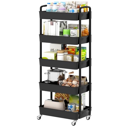 Sywhitta 5-Tier Plastic Rolling Utility Cart with Handle, Multi-Functional Storage Trolley for Office, Living Room, Kitchen, Movable Storage Organizer with Wheels, Black - color: Black, size: 5-tier