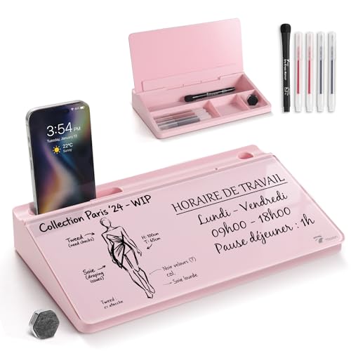TOWON Small Compact Glass Desktop Whiteboard with Storage – 12 x 7 in Dry Erase Board for Desk, Home Office, School | Includes 5 Markers, Eraser & Holder | Space-Saving Organizer, Aesthetic Pink - color: Pink