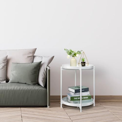 Danpinera 2 Tier Metal Side Table with Removable Tray - Round Accent Table, Anti-Rust White Nightstand for Bedroom, Balcony, Patio - color: White
