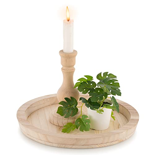 Hanobe Round Wood Decorative Tray: Unfinished Wooden Craft Trays DIY Ottoman Serving Tray Centerpiece Candle Holder Trays for Kitchen Countertop Crafts Art Home Decor Montessori Activity - color: Natural Wood