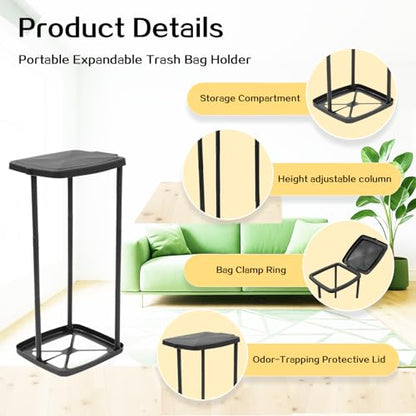 Portable Trash Bag Holder with Lid 13 Gallon Collapsible Garbage Bin for Camping, Kitchen, Outdoors Foldable Stand for 13-16 Gallon Bags Lightweight for Hiking, Picnics & Parties Black Polypropylene