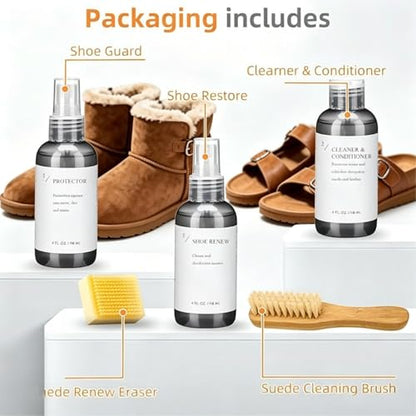 Suede Shoe Cleaner Kit, Shoe Cleaning Kit with Cleaner, Waterproof Protector Spary, Refresh Spary, Brush & Eraser, Shoe Cleaning kit for Suede Nubuck, Boots, Sheepskin, Leather Shoes