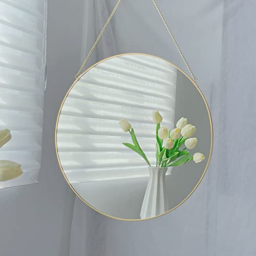 LONGWIN Hanging Wall Circle Mirror Decor Gold Geometric Mirror with Chain for Bathroom Bedroom Living Room 15.7" - size: 15.7"L x 15.7"W
