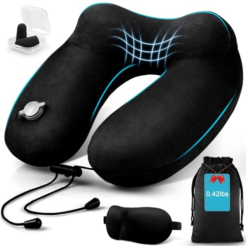 Inflatable Travel Neck Pillow for Airplanes, Super Soft Velvet Neck Support, Adjustable Firmness, Blow Up Plane Pillow for Long Flights, Road Trips, Travel Essentials with Eye Mask, Earplug - color: Black