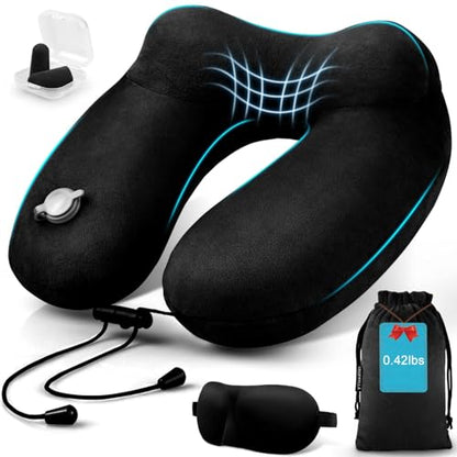 Inflatable Travel Neck Pillow for Airplanes, Super Soft Velvet Neck Support, Adjustable Firmness, Blow Up Plane Pillow for Long Flights, Road Trips, Travel Essentials with Eye Mask, Earplug - color: Black
