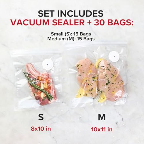 Chef Preserve Compact Vacuum Sealer for Food (Vacuum Sealer Machine + 30 Reusable Vacuum Bags) Powerful Handheld Vacuum Sealer Machine, Seal Meal Saver, Portable Food Sealer - size: Vacuum Sealer + 30 Bags