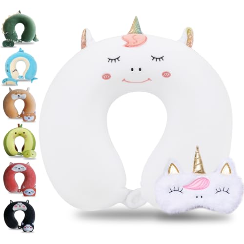 Sexysamba Cartoon Headrest & Neck Pillow for Kids Boys & Girls, Teens, Travel Accessories for Recline, Car, Airplane, Memory Foam Cute Travel Pillow with Sleep Eye Mask - White Unicorn - color: White Unicorn