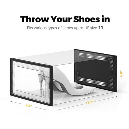 SEE SPRING X-Large Black Modern Plastic Shoe Box, 12 Pack, Clear Front Door, Stackable, Foldable, Ventilated, Fits US Size 11, 13.2''L9.1''W7.3''H Inch, 655.65 Cubic Inches, Already Assembled - color: Black, size: X-Large Fit Size 11