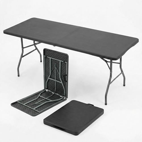SEALAMB 6FT Portable Plastic Folding Table for Indoor & Outdoor, Heavy Duty Fold Up Table Foldable Picnic Tables Dining Table for Camping Parties Backyard Events(Black, 6FT) - color: Black, size: 6FT