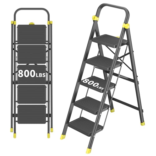 DIAMONDFORGE 5-Step Folding Step Ladder Stool with Handle, Anti-Slip Wide Pedals & Feet, 800lbs Capacity for Home Kitchen Adults, Black Yellow - color: Black and Yellow, size: 5 Step